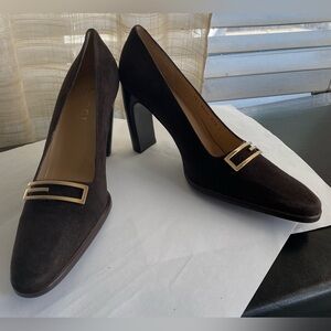 Gucci suede leather brown heels pumps size 37.5 G silver r metal logo